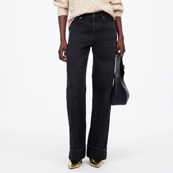 Madewell Jeans Womens Petite Low-Slung Baggy Wide‎ Leg Cuffed Hem Black Size 29P - Picture 1 of 9